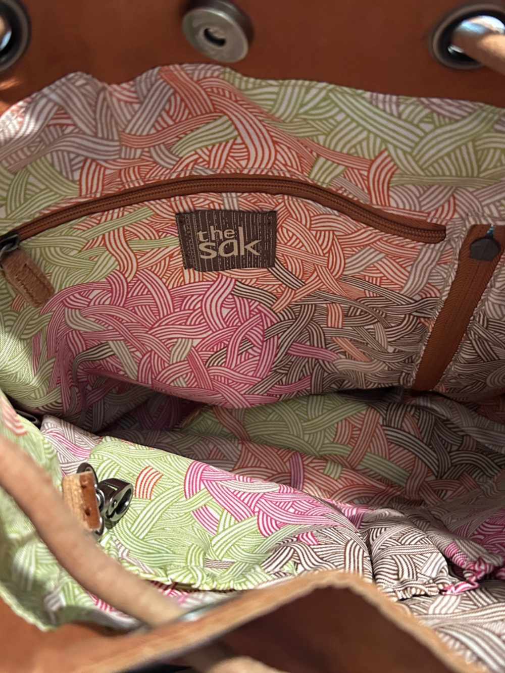 The Sak Brown Leather Drawstring Shoulder Bag with Orange Accents - Picture 7 of 9